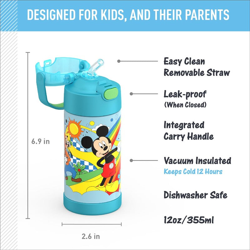 Thermos FUNtainer 12 oz water bottle featuring Mickey Mouse, blue with easy clean straw and integrated carry handle.