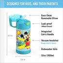 Thermos FUNtainer 12 oz water bottle featuring Mickey Mouse, blue with easy clean straw and integrated carry handle.