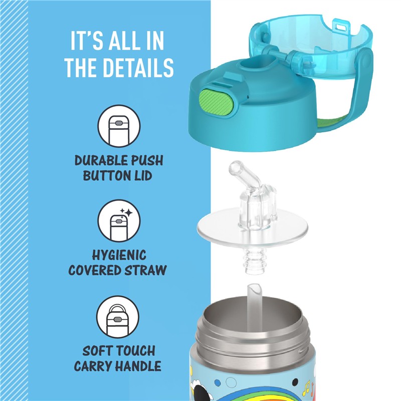 Thermos FUNtainer stainless steel water bottle with push button lid, hygienic covered straw, and soft touch carry handle.