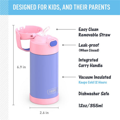 Thermos FUNtainer 12 oz water bottle in purple and pink, featuring a removable straw, carry handle, and vacuum insulation.