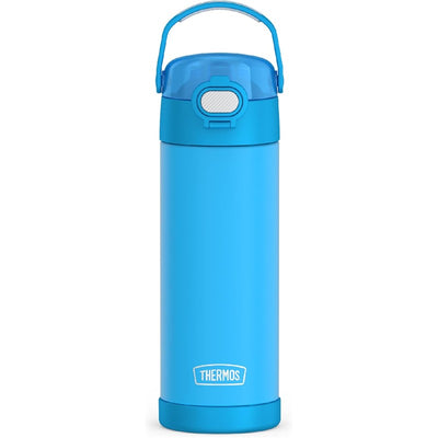 Thermos FUNtainer stainless steel water bottle in electric blue, 16 oz capacity, with a flip-top lid and carrying handle.
