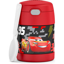 Thermos FUNtainer 10 oz food jar in red featuring a design of Lightning McQueen and the number 95, includes a white spoon.