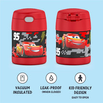 Thermos FUNtainer 10 oz food jar featuring a red design and Lightning McQueen graphics, with vacuum insulation and easy-open lid.