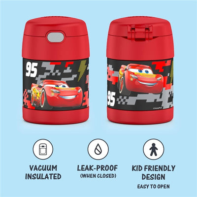 Thermos FUNtainer 10 oz food jar featuring a red design and Lightning McQueen graphics, with vacuum insulation and easy-open lid.