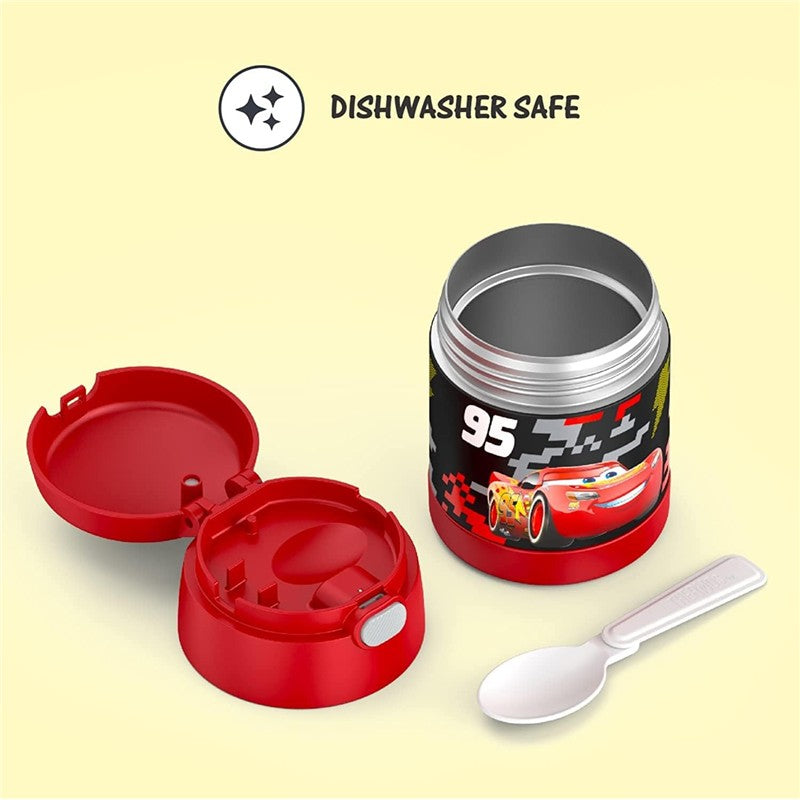 Thermos FUNtainer stainless steel food jar, 10 oz, featuring a Cars design, with a red lid and spoon, labeled dishwasher safe.