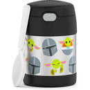 Stainless steel food jar featuring Star Wars The Mandalorian characters, including Grogu, with a white spoon attached.