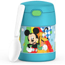 Stainless steel food jar featuring Mickey Mouse and Pluto on a colorful background, includes a white spoon.