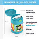 Thermos FUNtainer 10 oz stainless steel food jar featuring a colorful Mickey Mouse design, with integrated spoon storage and leak-proof lid.