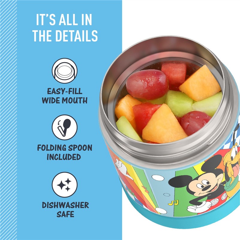 Thermos FUNtainer 10 oz food jar featuring Mickey Mouse, filled with colorful fruit, highlighting an easy-fill wide mouth and a folding spoon.