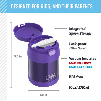 Purple Thermos FUNtainer food jar with integrated spoon storage, designed for kids, 10 oz capacity, and vacuum insulated features.