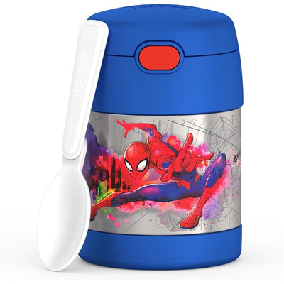Thermos FUNtainer 10 oz food jar featuring Spider-Man design, with blue lid and white spoon.