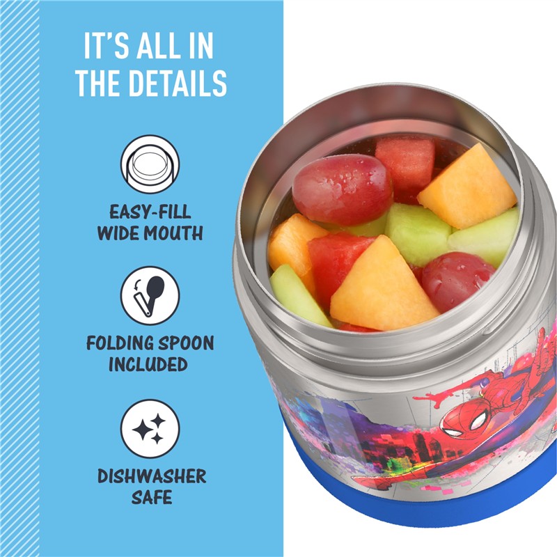 Thermos FUNtainer 10 oz food jar featuring Spider-Man design, filled with colorful fruits, showcasing easy-fill wide mouth and included spoon.