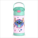 THERMOS FUNTAINER 12oz water bottle featuring a colorful Stitch character design with a straw and carrying handle.