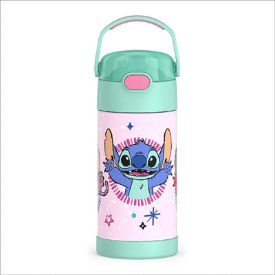 THERMOS FUNTAINER 12oz water bottle featuring a colorful Stitch character design with a straw and carrying handle.