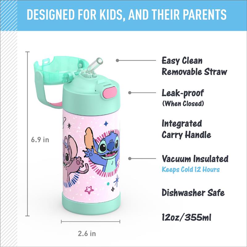 THERMOS FUNTAINER 12oz water bottle with a straw, featuring colorful Stitch designs, a carry handle, and insulation to keep drinks cold.
