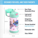 THERMOS FUNTAINER 12oz water bottle with a straw, featuring colorful Stitch designs, a carry handle, and insulation to keep drinks cold.