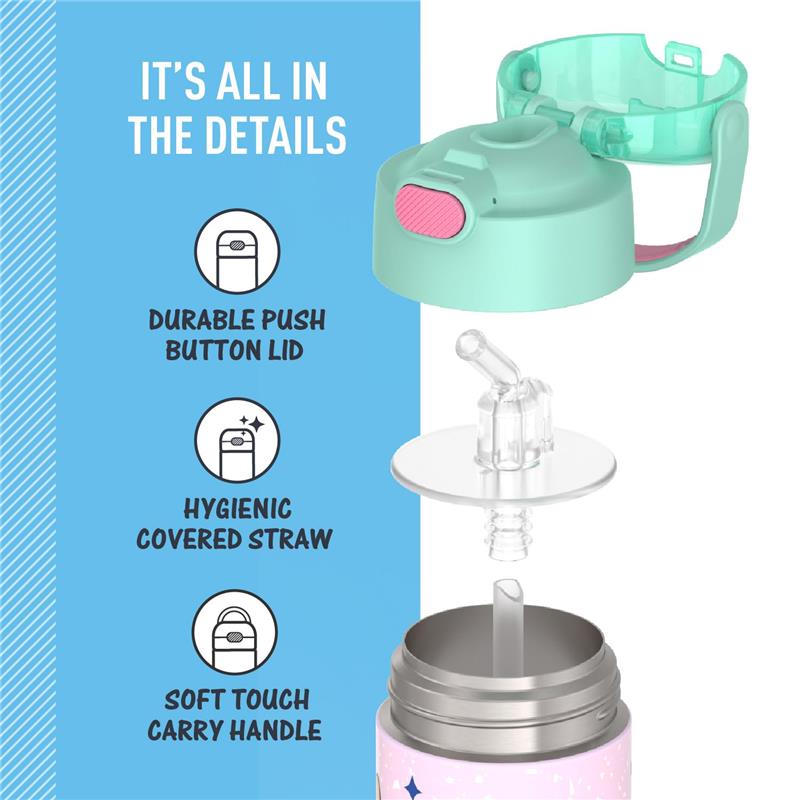 THERMOS FUNTAINER 12oz water bottle with a teal push button lid, hygienic straw, and soft touch carry handle, featuring Stitch design.