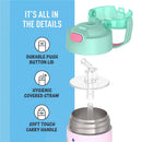 THERMOS FUNTAINER 12oz water bottle with a teal push button lid, hygienic straw, and soft touch carry handle, featuring Stitch design.