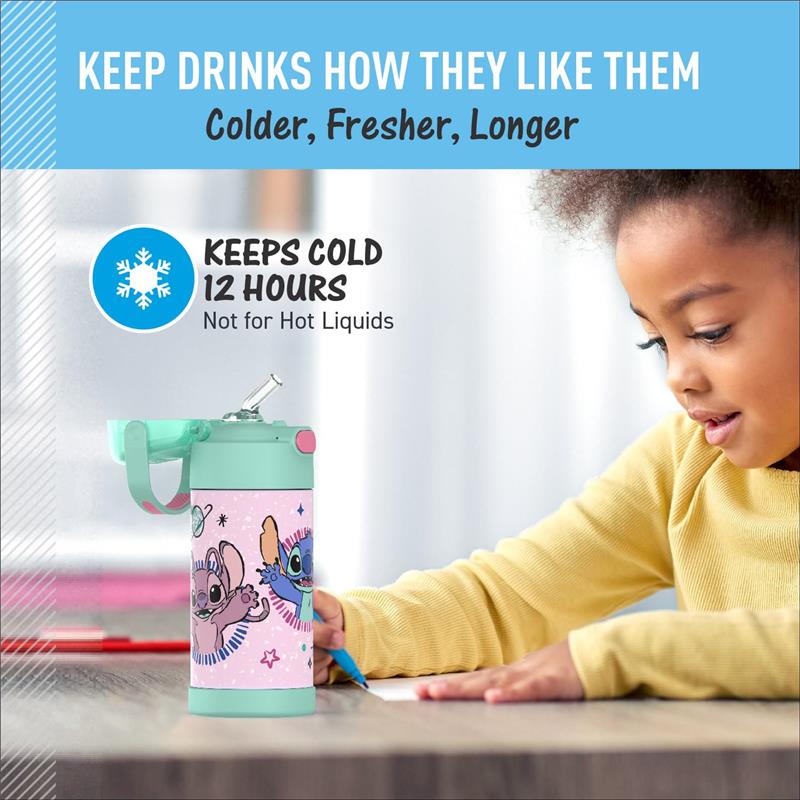 THERMOS FUNTAINER 12oz water bottle with straw featuring Stitch and a bunny design, keeps drinks cold for 12 hours.