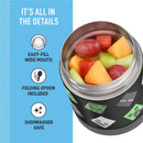 Thermos FUNtainer Stainless Steel Food Jar 10 oz featuring a Minecraft design, filled with colorful fruit, includes a folding spoon.