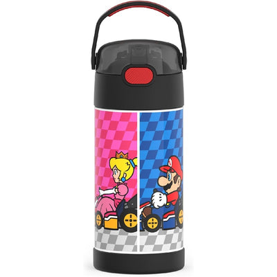 Stainless steel water bottle featuring Mario and Princess Peach racing in go-karts, designed for kids.