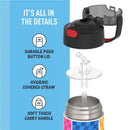 Thermos FUNtainer 12 oz water bottle features a durable push button lid, hygienic covered straw, and a soft touch carry handle.