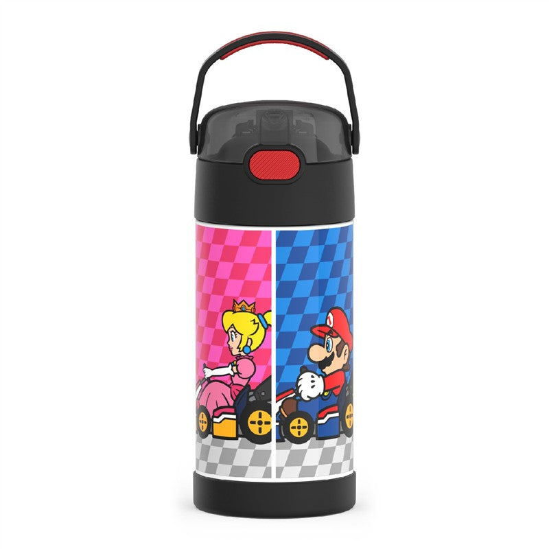 Stainless steel water bottle featuring Mario and Princess Peach in racing karts, with a colorful checkerboard design.