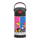 Stainless steel water bottle featuring Mario and Princess Peach in racing karts, with a colorful checkerboard design.