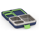 Navy THERMOS Kids Freestyle Food Storage Lunch Kit with multiple stainless steel compartments and a green latch.