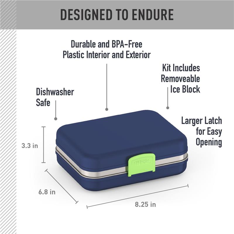 THERMOS Kids Freestyle Food Storage Lunch Kit in navy, featuring BPA-free plastic, removable ice block, and dishwasher-safe design.