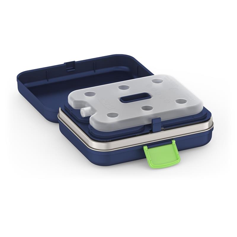 THERMOS Kids Freestyle Food Storage Lunch Kit in navy, featuring a gray lid with multiple holes and a green handle.