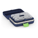 THERMOS Kids Freestyle Food Storage Lunch Kit in navy, featuring a gray lid with multiple holes and a green handle.