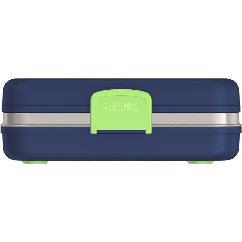 Navy THERMOS Kids Freestyle Food Storage Lunch Kit with a green latch and a slim, compact design.