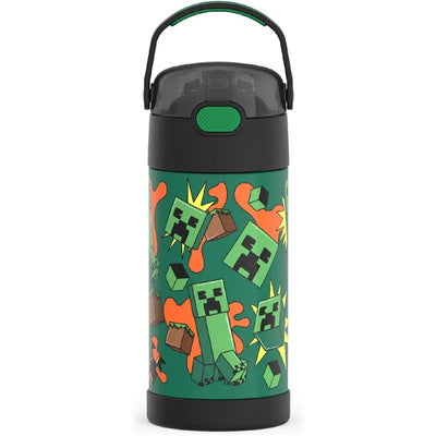 Thermos FUNtainer 12 oz stainless steel water bottle featuring colorful Minecraft Creeper graphics.