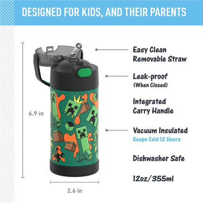 Thermos FUNtainer 12 oz stainless steel water bottle featuring Minecraft-themed graphics, with a removable straw and carry handle.