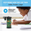 Thermos FUNtainer 12 oz water bottle featuring Minecraft design, keeping drinks cold for 12 hours, next to a child drawing.