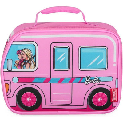 Soft pink lunch box featuring a Barbie camper design, with Barbie and a friend inside, ideal for kids.