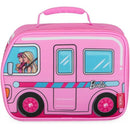 Soft pink lunch box featuring a Barbie camper design, with Barbie and a friend inside, ideal for kids.