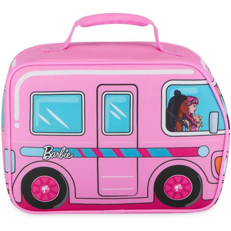 Pink Barbie-themed soft lunch box designed like a camper, featuring cartoon characters and a handle for easy carrying.