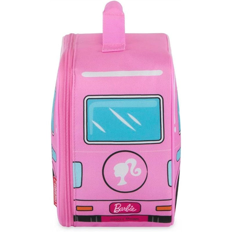 Thermos Novelty Soft Lunch Box featuring a pink Barbie camper design with a profile silhouette and colorful accents.