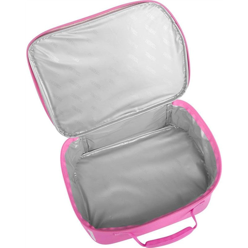 Thermos Novelty Soft Lunch Box in pink with a silver interior, designed for carrying food and drinks.