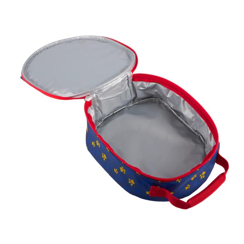 Soft lunch box featuring a blue exterior with yellow paw prints and a red zipper, designed for children.