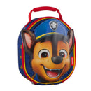 Soft lunch box featuring Paw Patrol character Chase, with a bright blue background and red zipper.