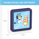 Reusable ice pack featuring Bluey characters, measuring 4.9 x 4.9 x 1 inches, designed for kids and parents.