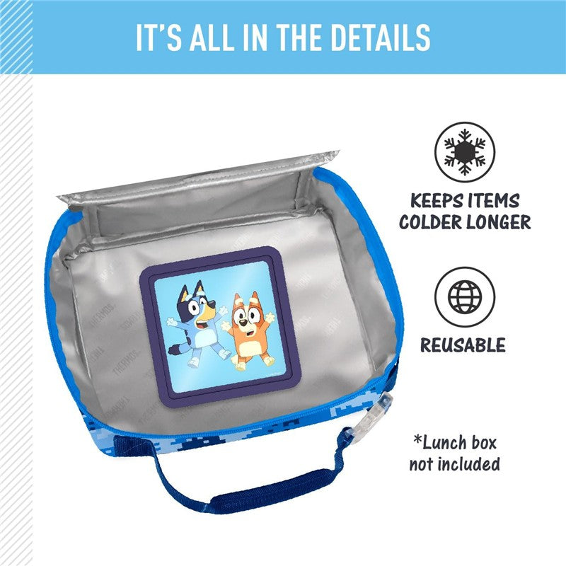 Thermos Reusable Hard Ice Pack in blue featuring a graphic of two cartoon dogs. Keeps items colder longer, reusable.