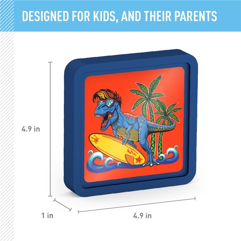 Thermos Reusable Hard Ice Pack featuring a blue dinosaur with sunglasses and a surfboard, surrounded by palm trees on an orange background.