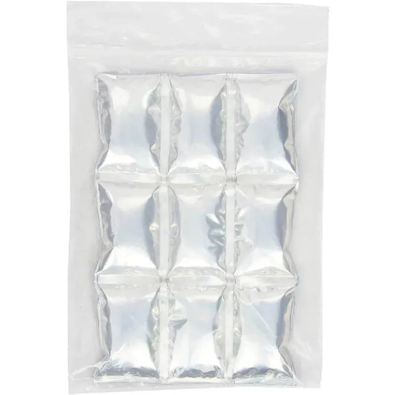 Reusable ice mat featuring six filled compartments, packaged in a clear plastic bag for efficient cooling.