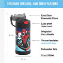Thermos FUNtainer 12 oz stainless steel water bottle featuring Spider-Man design, with a removable straw and carry handle.