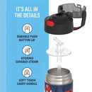 Thermos FUNtainer Stainless Steel Water Bottle 12 oz featuring a durable push button lid, covered straw, and soft touch carry handle.