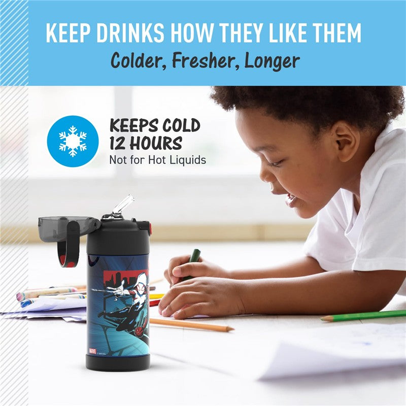 Thermos FUNtainer 12 oz water bottle featuring Spider-Man design, keeps drinks cold for 12 hours, shown next to a child drawing.